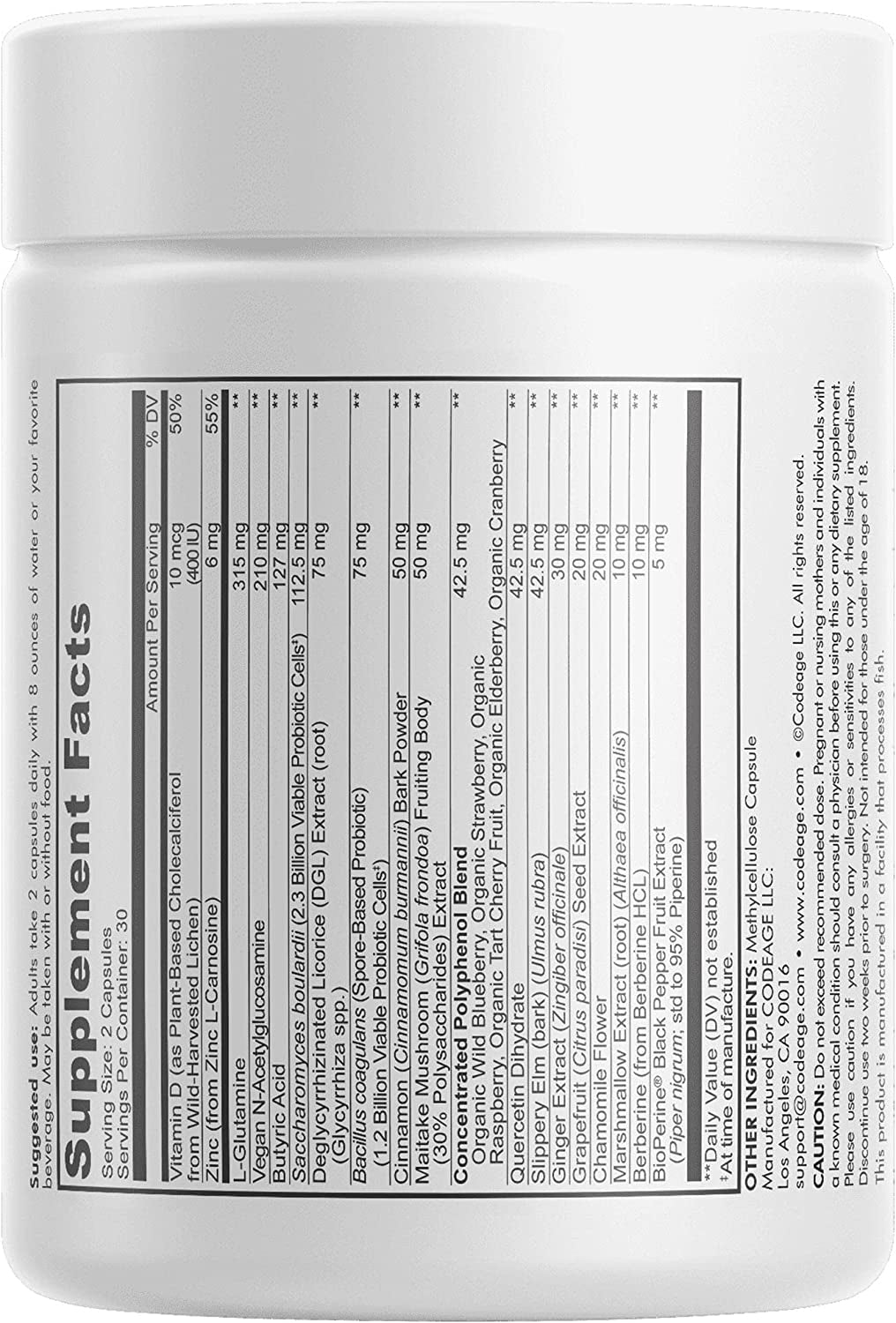 Codeage Leaky Gut, L-Glutamine for Gut Health Support, N-Acetylglucosamine Supplement, Probiotic, Butyric Acid, Polyphenols, Quercetin, DGL, Berberine, Bioperine, Cinnamon, Vegan, Non-Gmo, 60 Capsules