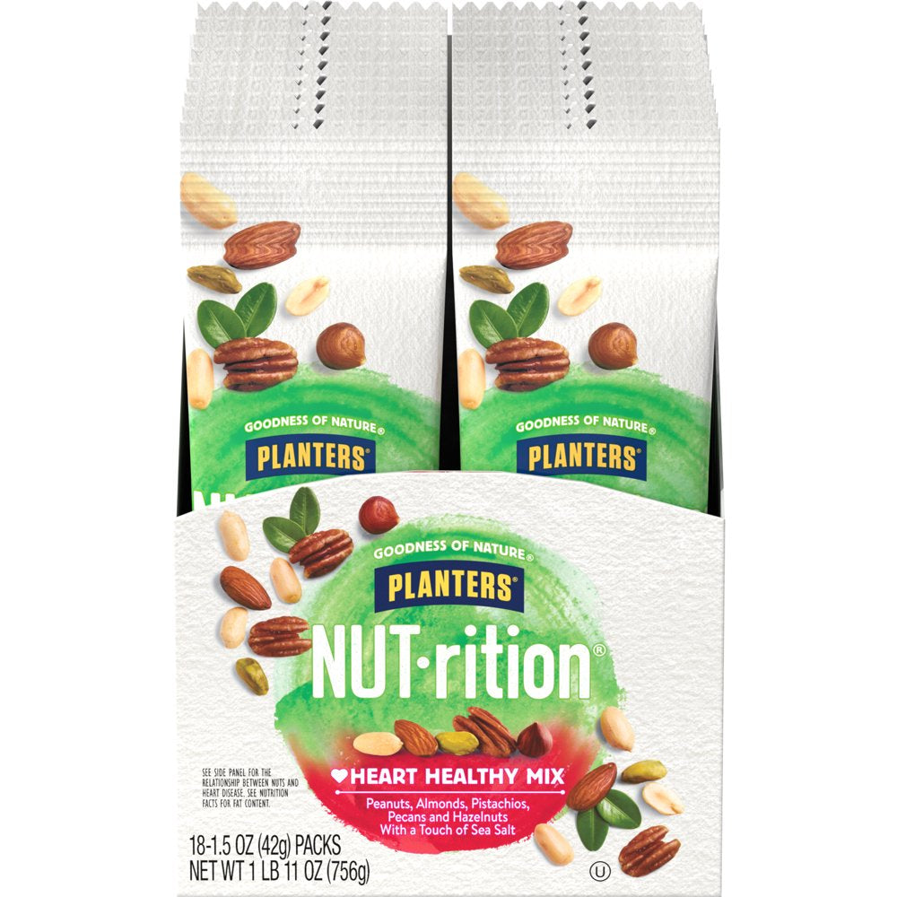 PLANTERS NUT-RITION Heart Healthy Mix with Peanuts, Almonds, Pistachios, Pecans, Hazelnuts & Sea Salt, 1.5 Oz Bag (Pack of 18)