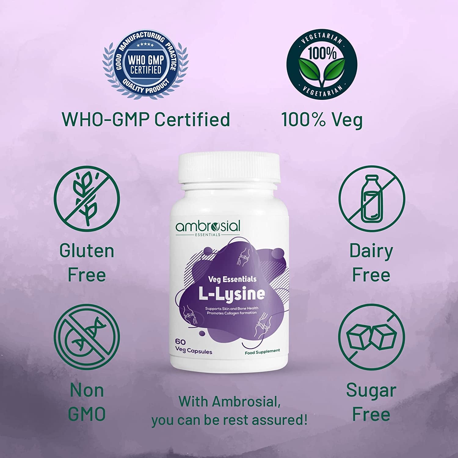 AMBROSIAL L-Lysine High Strength 500Mg per Capsule | Immune Support & Supports Collagen Synthesis | Essential Amino Acids for Active Lifestyle (Pack of 1-60 Capsules)