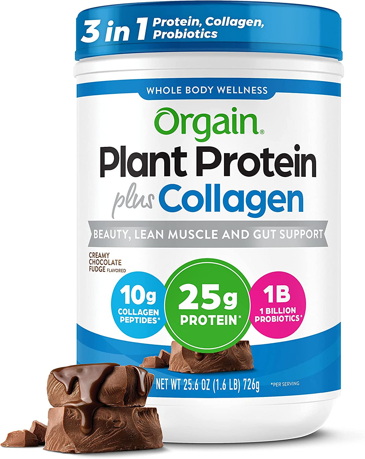 Orgain Protein Powder + Collagen, Creamy Chocolate Fudge - 25G of Protein, 10G Collagen Peptides, 1B Probiotics, Supports Hair, Skin, Nail, Joint & Gut Health, Gluten Free, Dairy Free, Soy Free- 1.6Lb