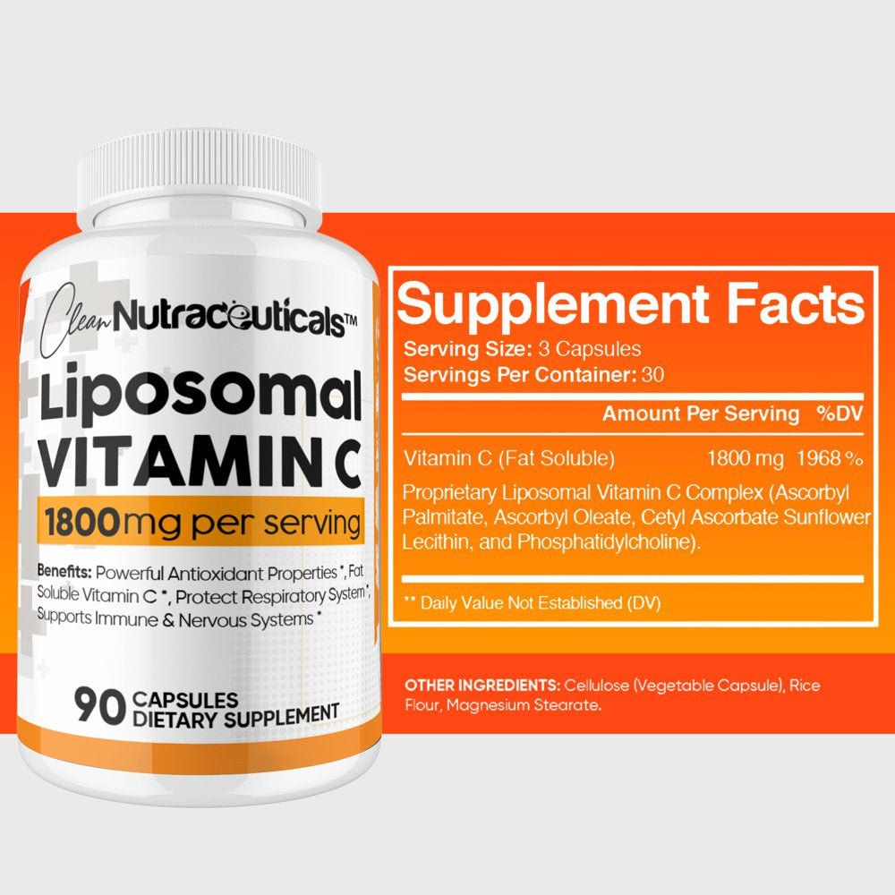 Liposomal Vitamin C Capsules 1800Mg High Absorption VIT C, Immune System & Collagen Booster, Fat Soluble Immunity Support Ascorbic Acid Supplement, 180 Natural Vegan Capsules