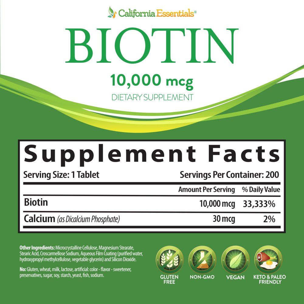 California Essentials Biotin 10000Mcg Hair Skin and Nails Vitamins, Dietary Supplement, 200 Tablets