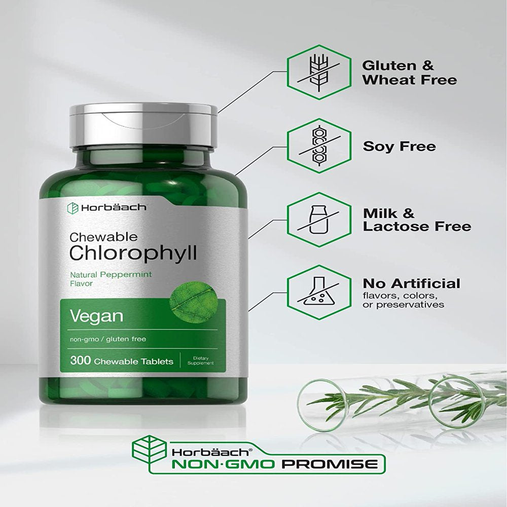 Chlorophyll Tablets | 300 Chewables | Natural Peppermint Flavor | Vegan | by Horbaach