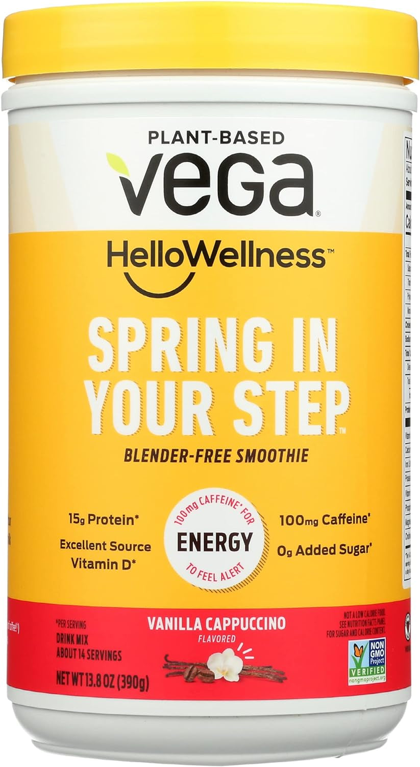 Vega Hello Wellness, Spring in Your Step Plant-Based Vegan Protein Powder, Vanilla Capuccino, Gluten Free & Non-Gmo, 13.8 Ounce