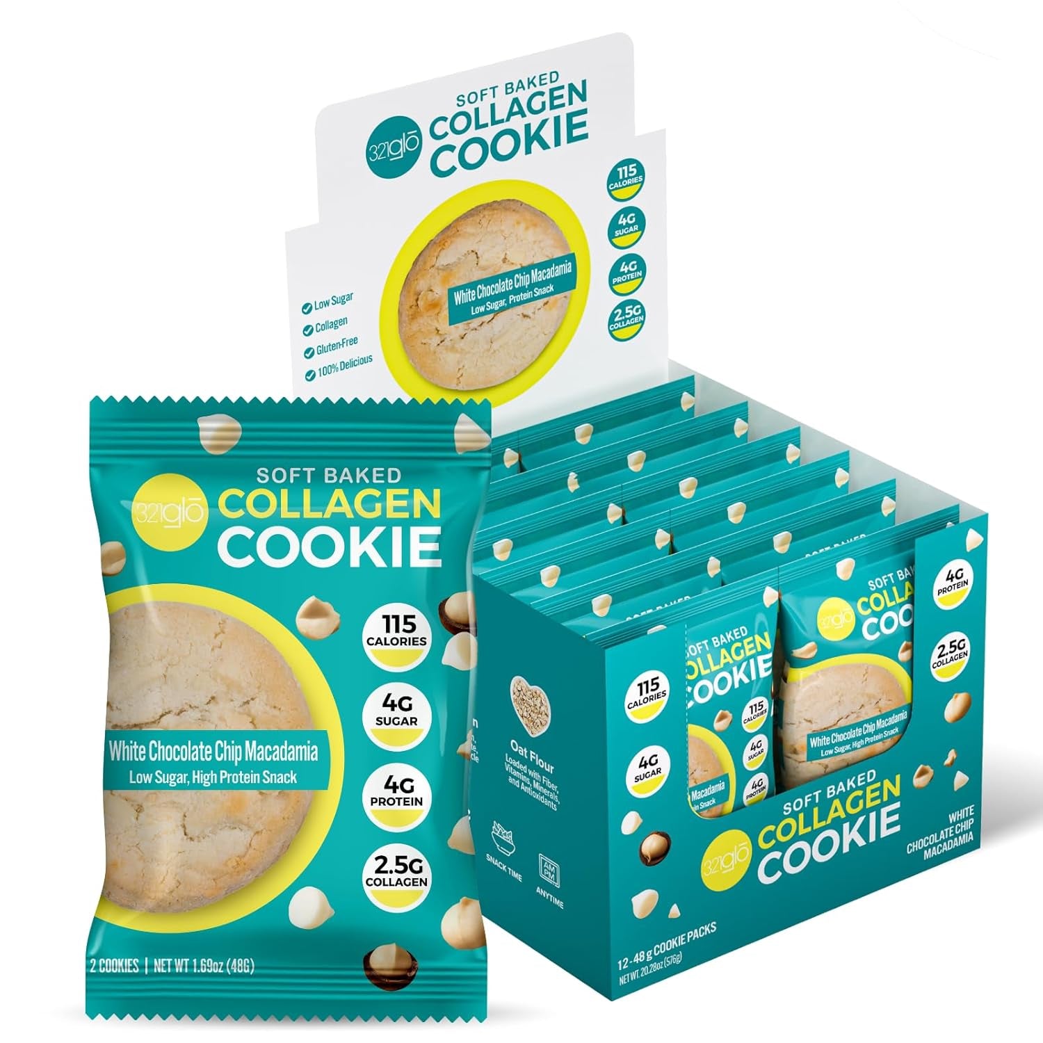 321Glo Collagen Cookies | Soft Baked, High Protein Cookies | Low Carb, Low Sugar | Keto Snack for Women, Men, & Kids | 12 Pack (White Chocolate Macadamia, 12 Pack)