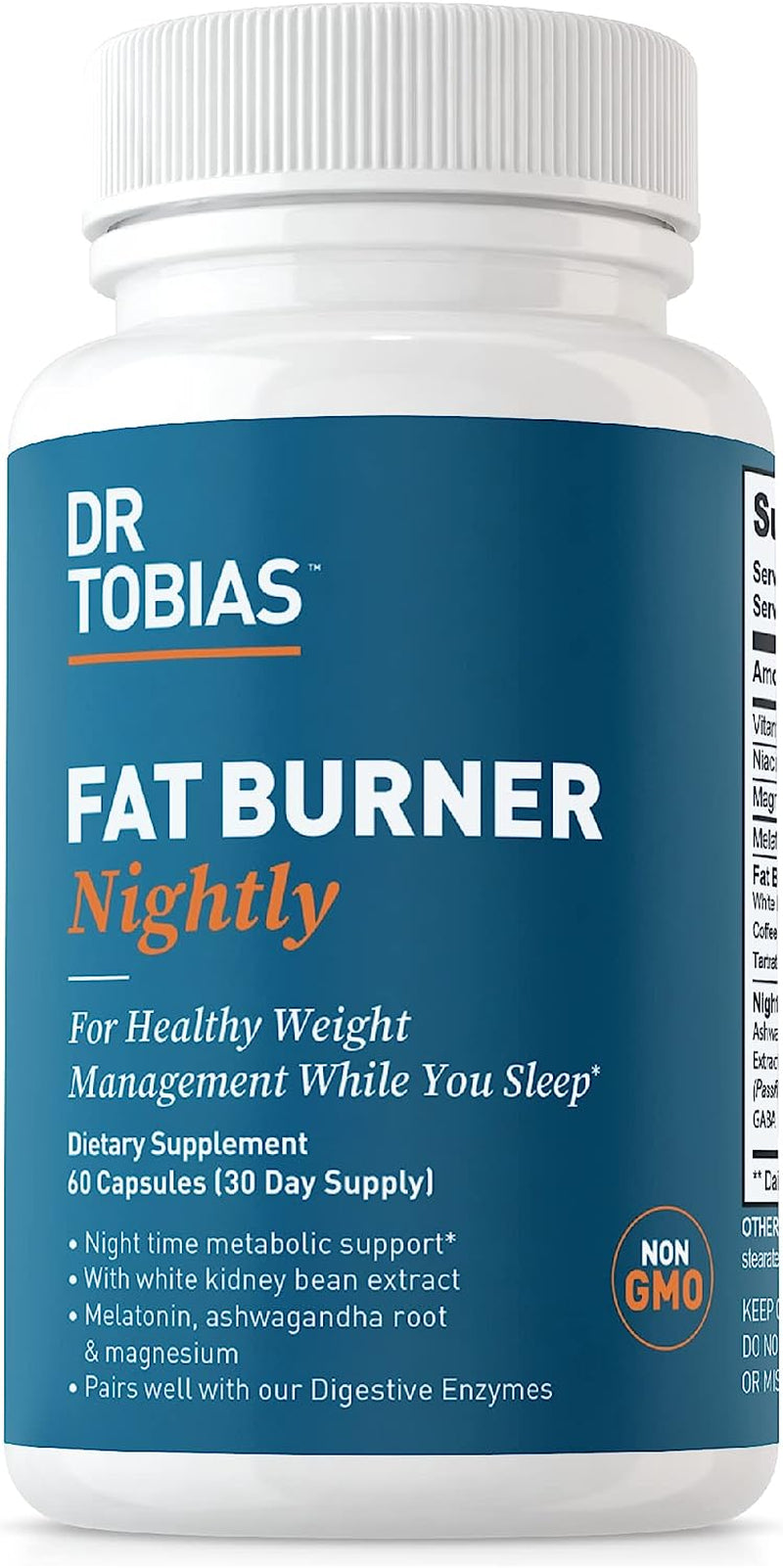 Dr. Tobias Fat Burner Nightly, Night Time Metabolic Support with White Kidney Bean Extract, Ashwagandha Root, Green Coffee Bean Extract & Melatonin, Non-Gmo, 60 Capsules (30 Day Supply)