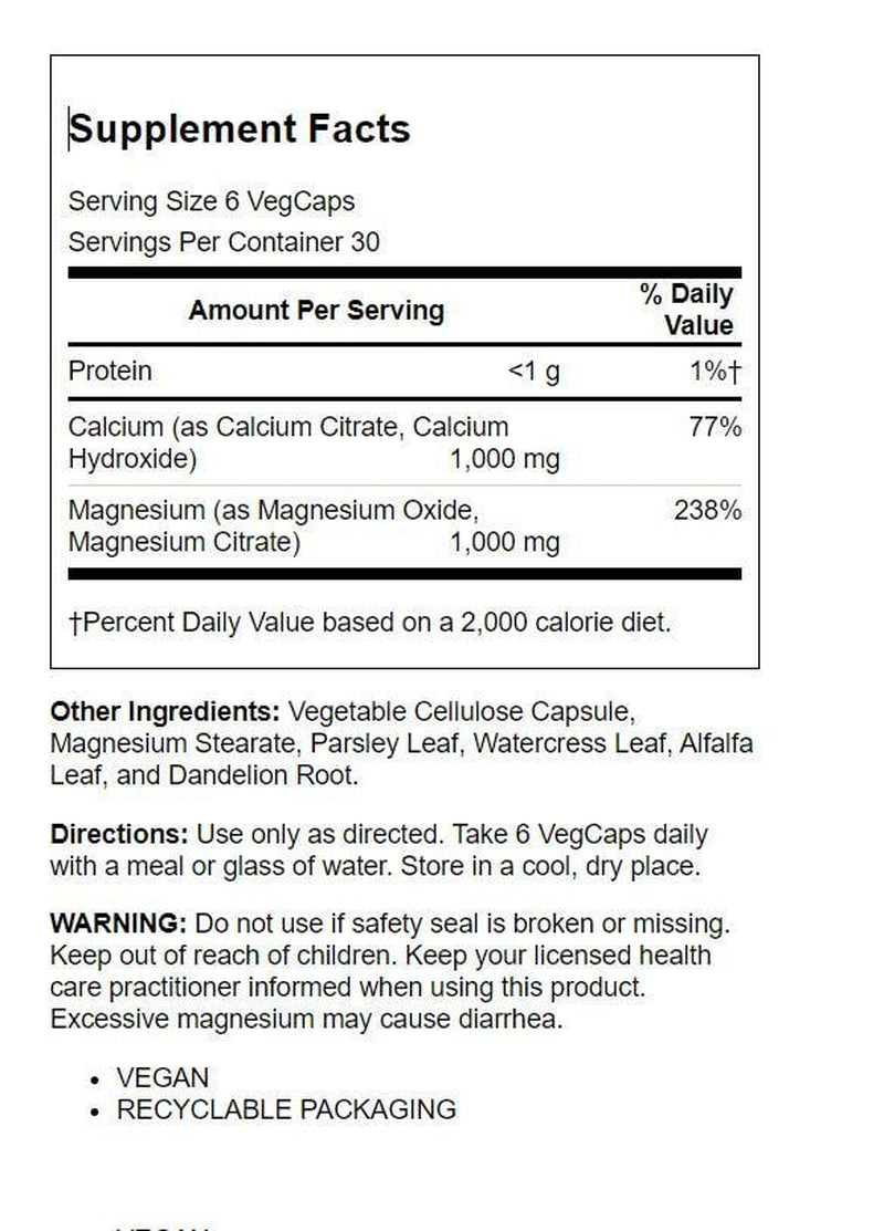 Solaray Calcium Magnesium Citrate 1:1 Ratio, Healthy Bones, Teeth, Muscle & Nervous System Support, 30 Serv, 180 Vegcaps