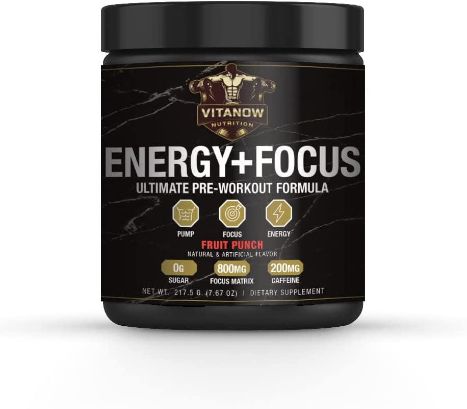 VITANOW NUTRITION Energy+Focus, Pre-Workout Formula, Sugar Free, 217.5G, 30 Servings (Fruit Punch)