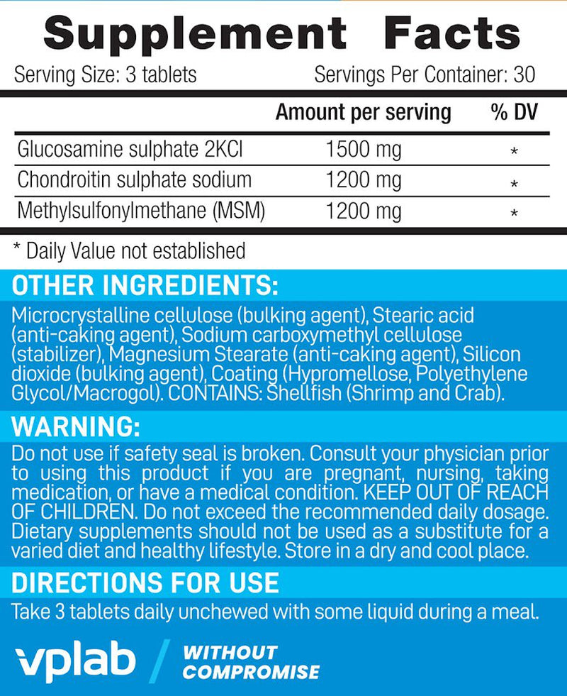 Vplab Glucosamine Chondroitin MSM Complex - Triple Strength Formula Supplement for Joint Support & Mobility - Glucosamine Sulphate 2Kcl, Chondroitin Sulphate Sodium & Methylsulfonylmethane, 90