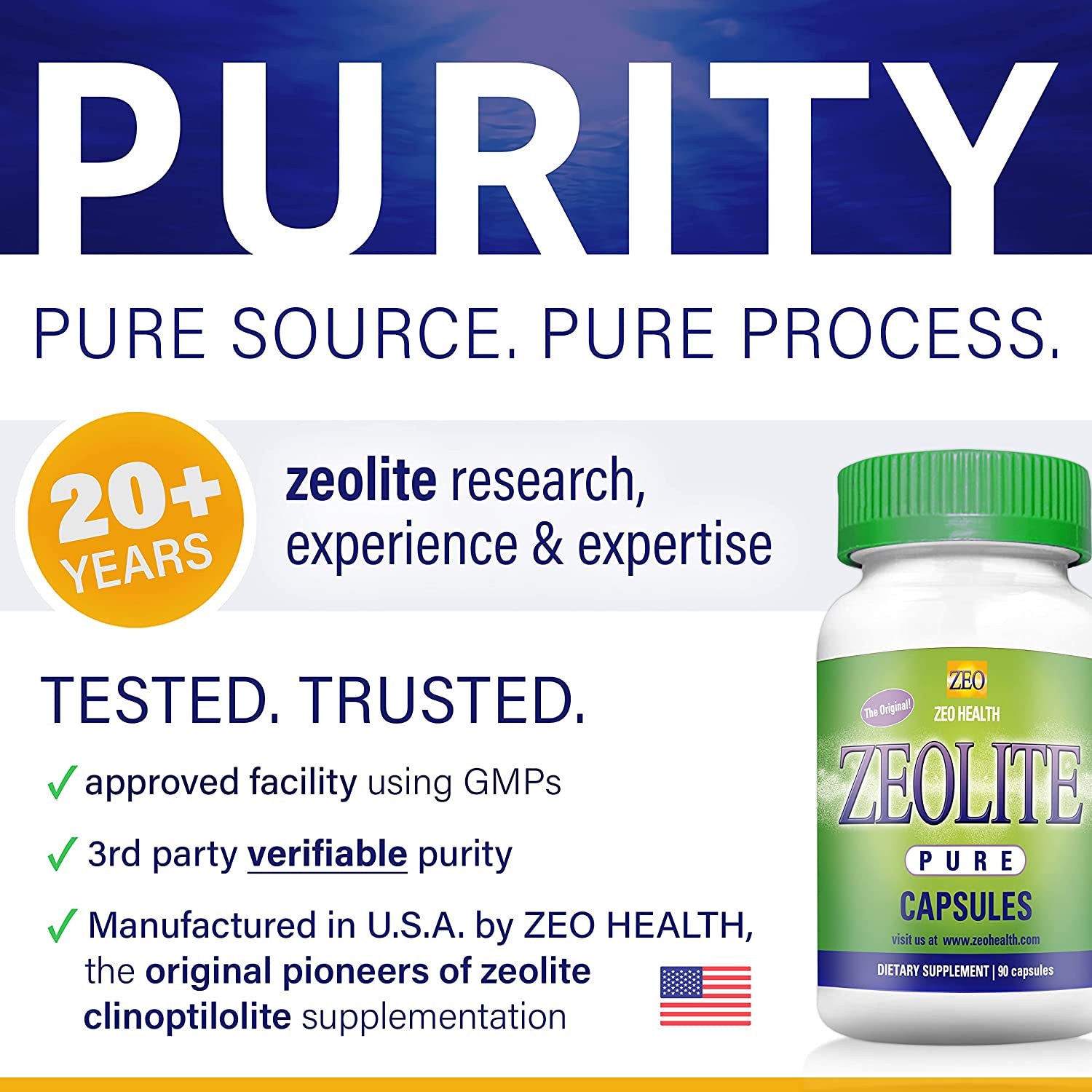 Zeolite Pure Capsules | Zeolite Detox, Extra Strength | Pure, Full Body Cleanse for Women, Men | Activated Organic, Food Grade Clinoptilolite Powder 94%, 90 Caps (81 Grams), 6 Wk to 3 Mo Supply