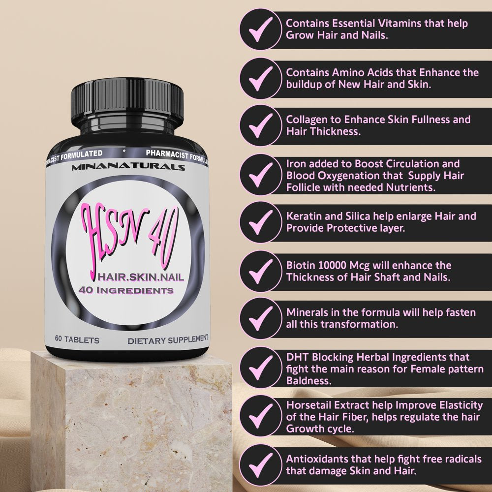 HSN 40 Hair Growth Supplement. Vitamins, Minerals, Amino Acids, Biotin 10000 Mcg, Keratin, Collagen, for Thicker, Stronger Hair. Tight, Smooth and Soft Skin. Healthy Nails. 60 Tablets