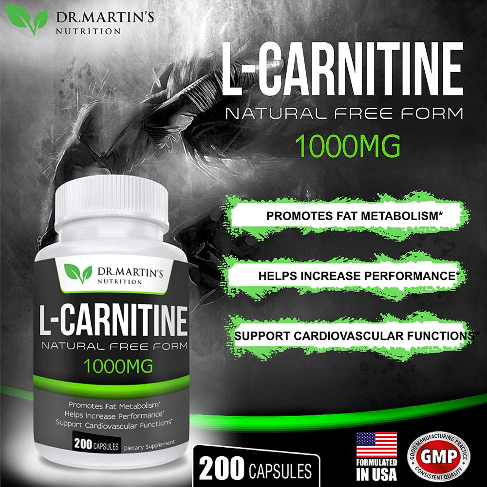 1000Mg L-Carnitine 200 Capsules Boost Metabolism & Increase Performance