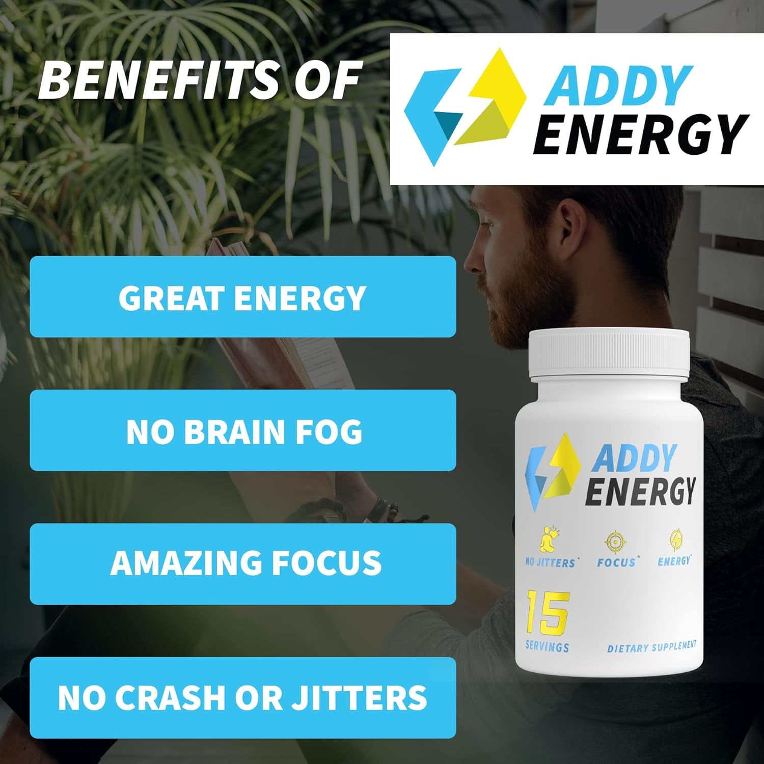 ADDY ENERGY - Focus Supplement - Energy Booster for Men - Energy Supplement - Brain Booster - Early Bird Morning Cocktail - Focus, Energy, and Memory Support Vitamins - 15 Day Supply (15 Capsules)