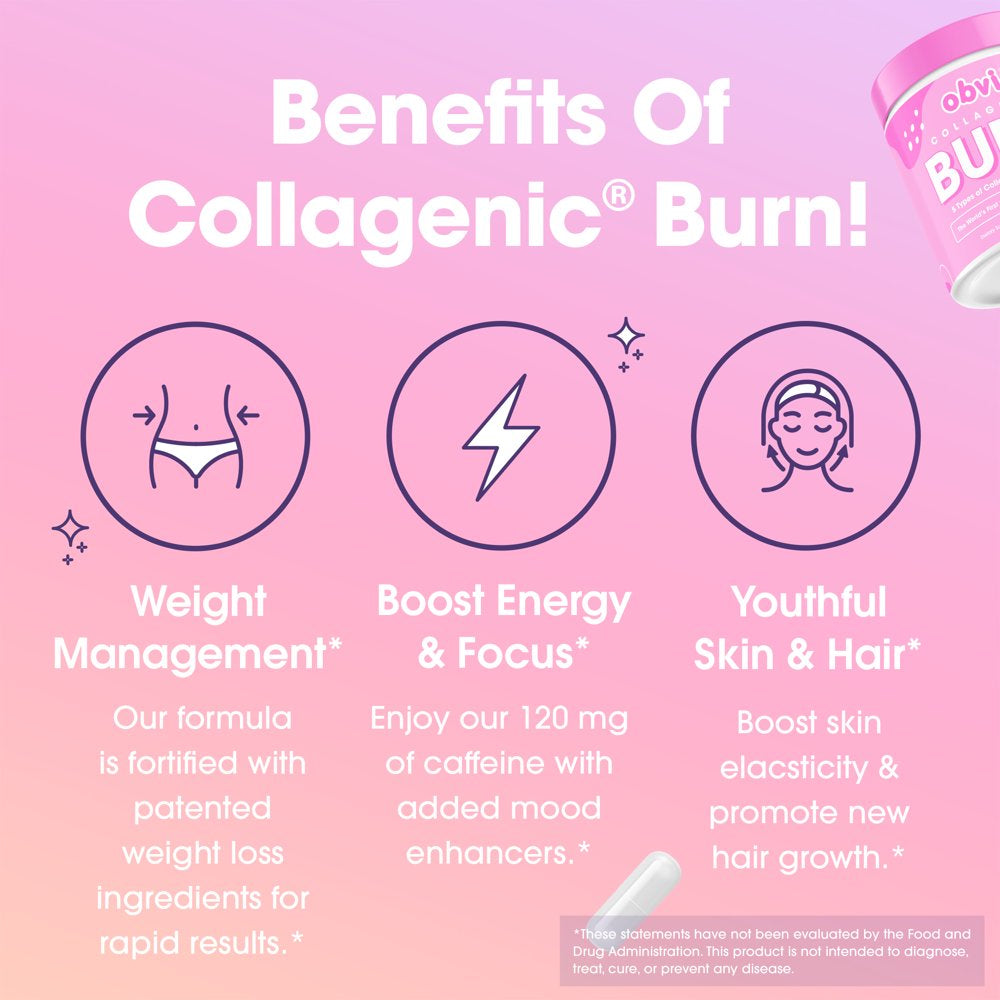 Obvi Collagenic Burn for Weight Loss, Collagen Peptides Infused Thermogenic Fat Burner, 120 Capsules