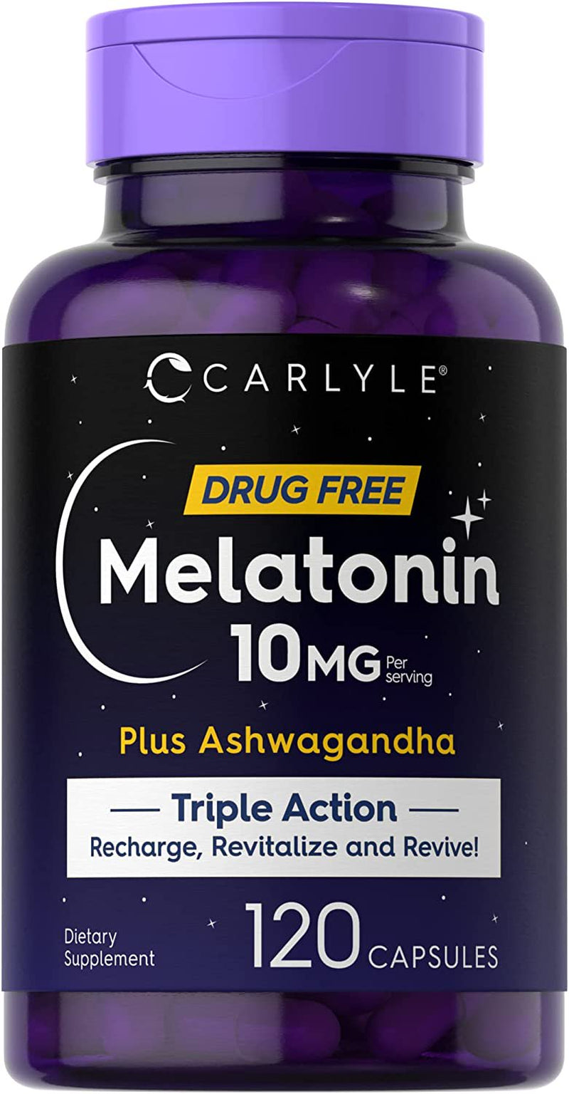 Melatonin 10Mg | 120 Capsules | with Ashwagandha | Triple Strength Formula | Non-Gmo, Gluten Free Supplement | by Carlyle