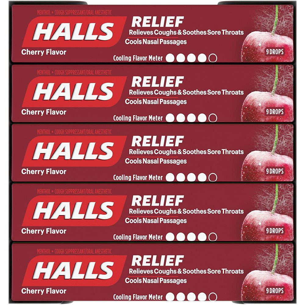 Halls Cherry Cough Drops - with Menthol - 180 Drops (20 Sticks of 9 Drops)