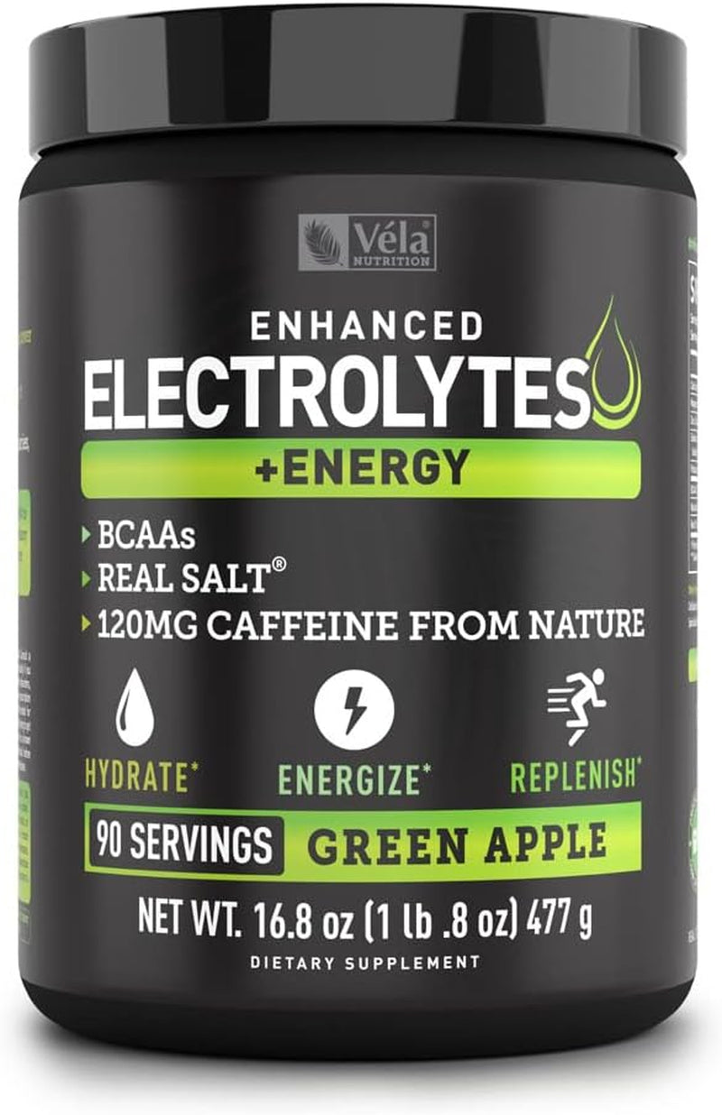 Electrolyte Powder Recovery Drink + Energy (90 Servings | Green Apple) W Real Salt +Bcaas Sugar Free Electrolyte Supplement W Potassium Zinc & Magnesium for Hydration - Keto Electrolytes