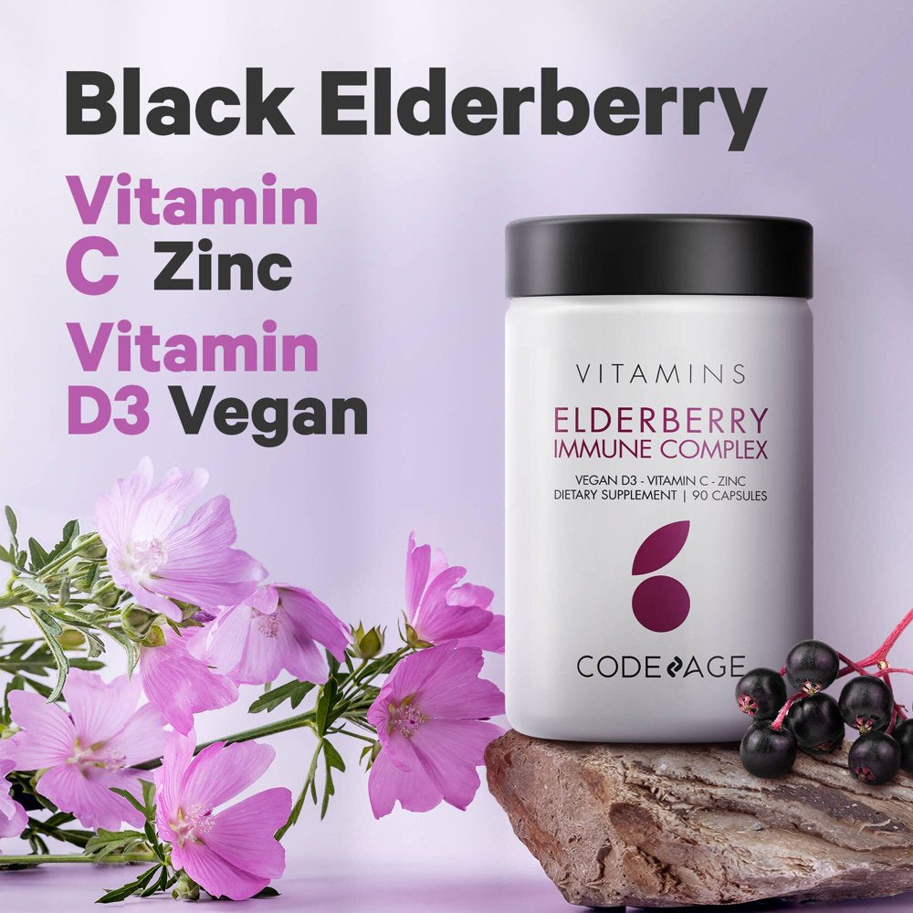 Codeage Organic Black Elderberry Blend, Vitamin C, Vegan D3 5000 IU, Zinc, Sambucus Berries Flavonoid, 90 Ct