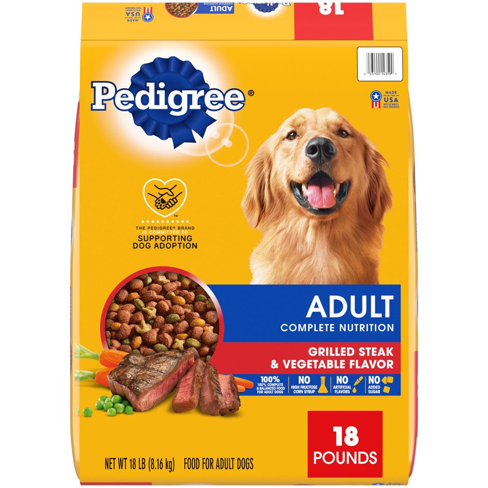 (4 Pack) PEDIGREE Complete Nutrition Grilled Steak & Vegetable Dry Dog Food for Adult Dog, 18 Lb. Bag