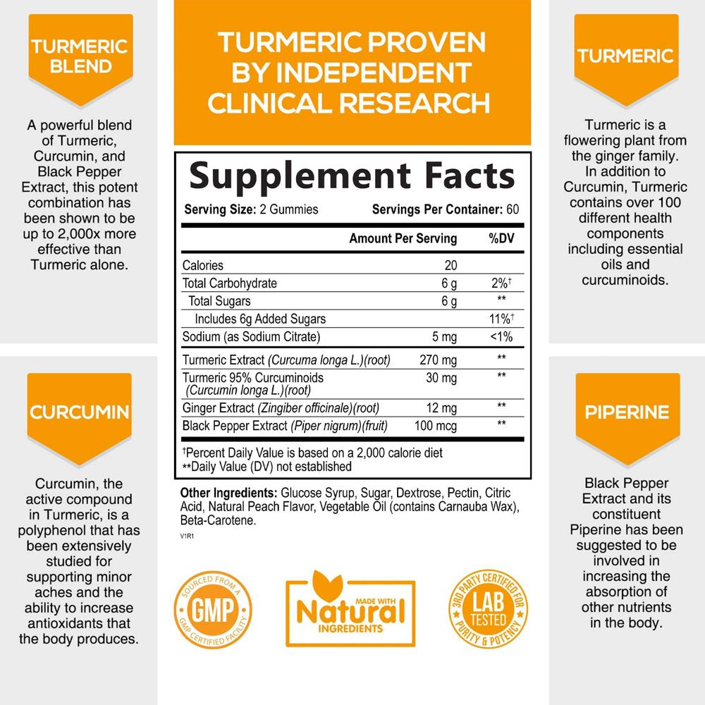 Turmeric Curcumin Gummies - Vegan Turmeric Ginger Gummy with 95% Curcuminoids, Black Pepper for Max Absorption, Joint Support Supplement, Nature'S Tumeric Extract, Ginger Flavor - 120 Gummies