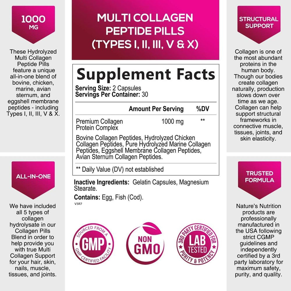 Collagen Peptides Pills 1000Mg Hydrolyzed Collagen Capsules (Types I,II,III,V,X) Size: 60 Capsules