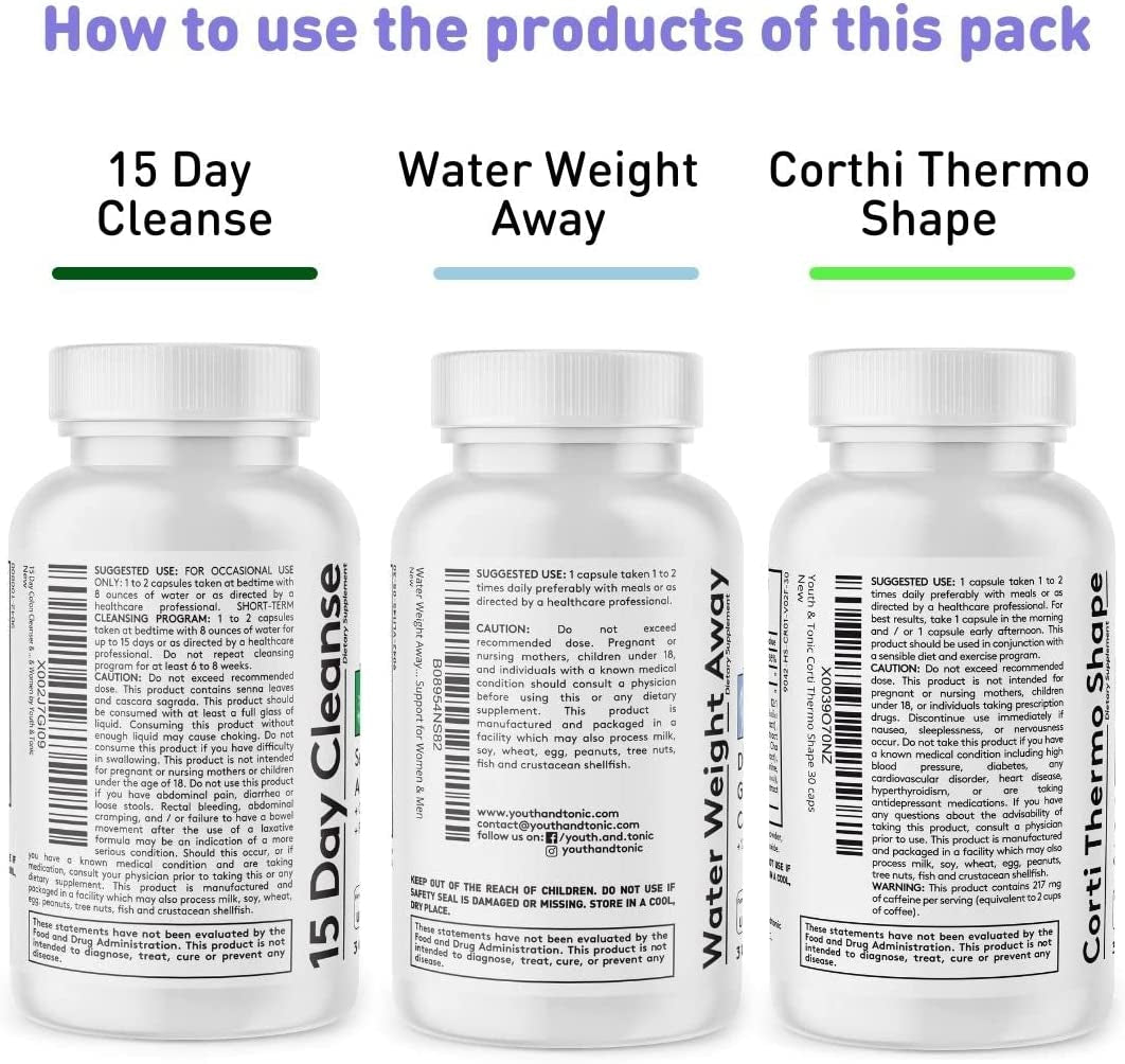 Youth & Tonic 15 Day Cleanse and Detox as Triple Action Diet Pills for Loss of Waste and Body Water Away and Energy Focus Metabolism for Women & Men