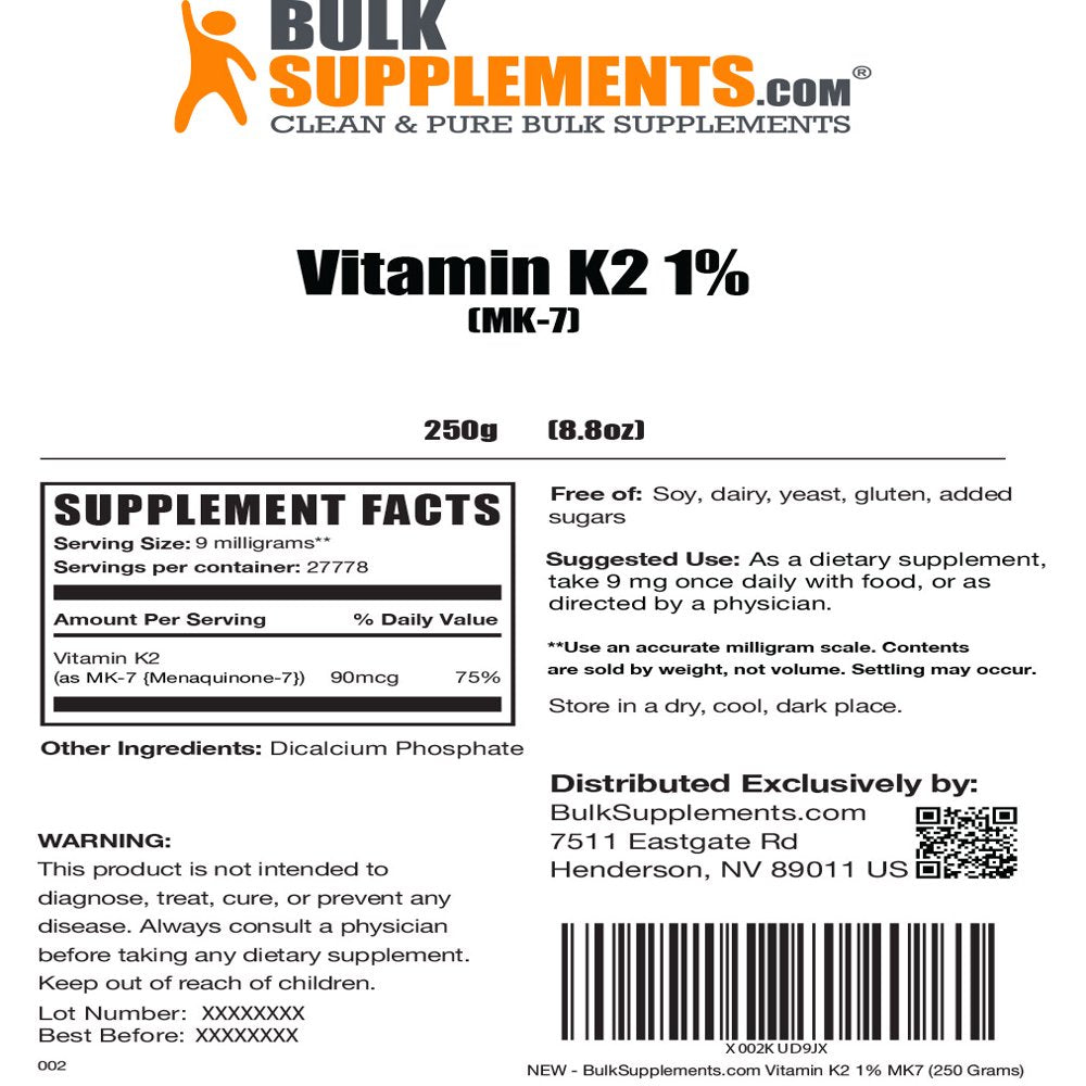 Bulksupplements.Com Vitamin K2 MK7 (250 Grams)