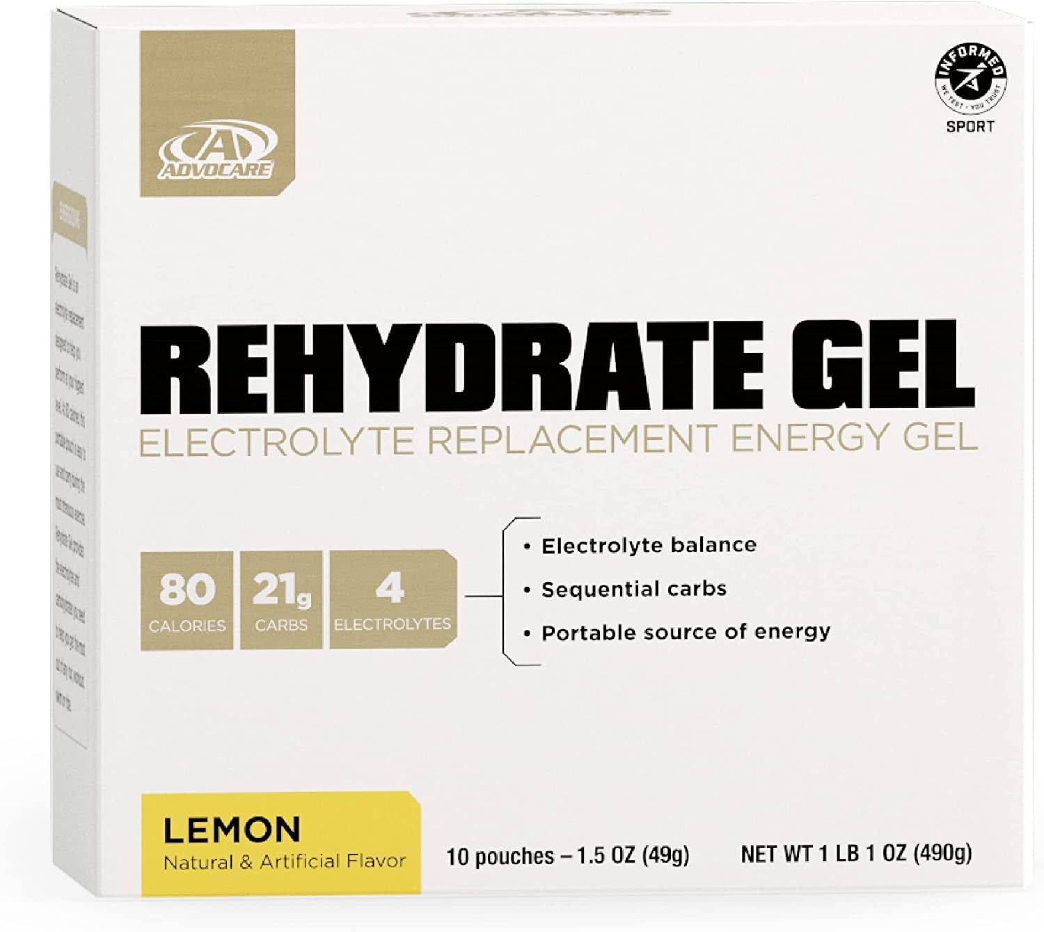 Advocare Rehydrate Gel - Electrolyte Energy Gel - Sports Gel for Hydration - Electrolyte Gels for Runners & Athletes - Workout Electrolytes for Pre & Post Workout - Lemon Flavor - 10 Pouches