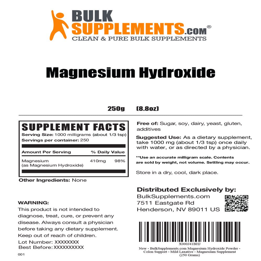 Bulksupplements.Com Magnesium Hydroxide Powder - Colon Support - Mild Laxative - Magnesium Supplement (250 Grams - 8.8 Oz)