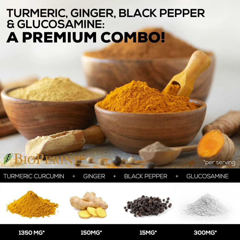 Turmeric Curcumin with Bioperine, Ginger & Glucosamine 95% Curcuminoids 2000Mg - Black Pepper for Max Absorption, Joint Support, Nature'S Tumeric Extract Supplement, Non-Gmo - 120 Capsules