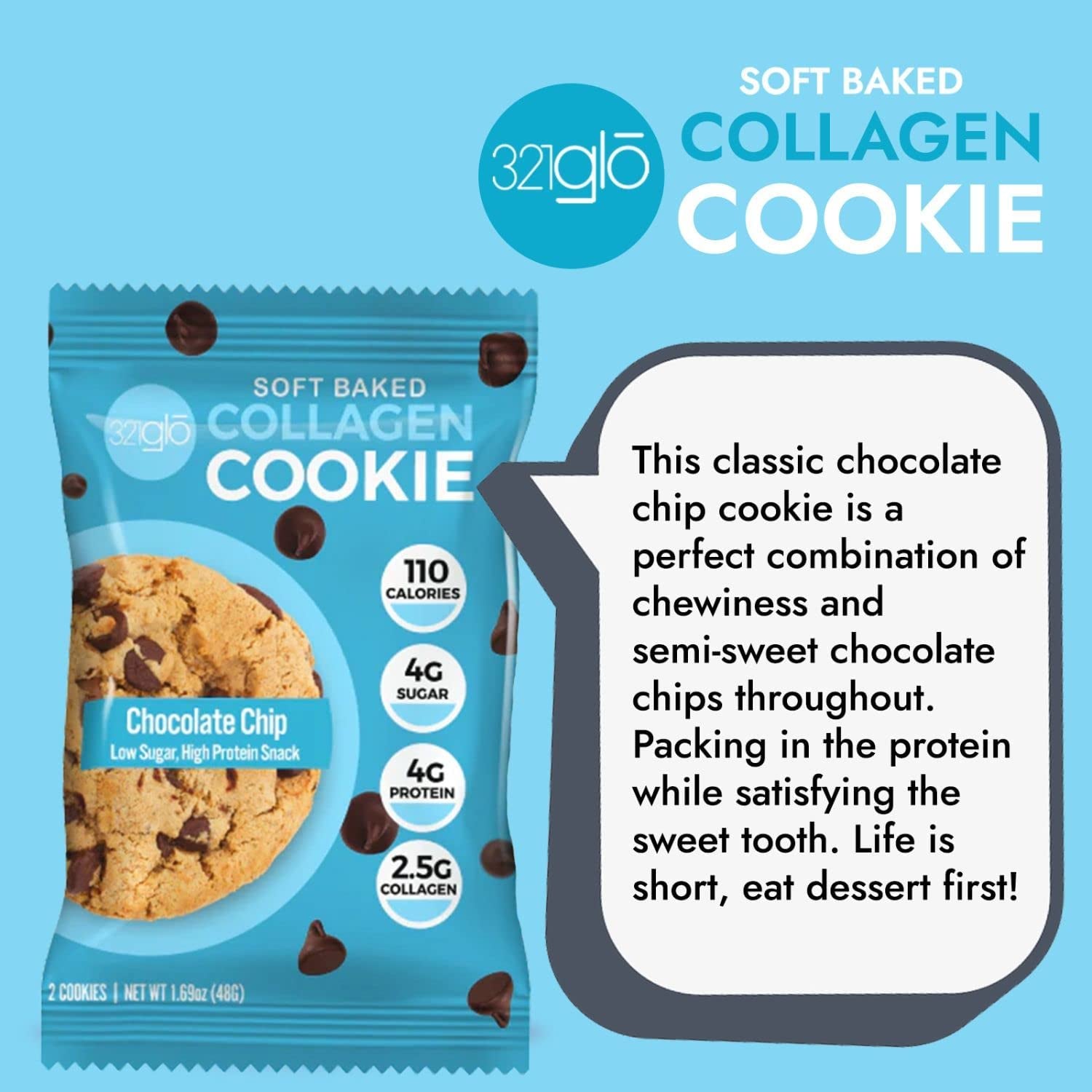 321Glo Collagen Cookies | Soft Baked, High Protein Cookies | Low Carb, Low Sugar | Keto Snack for Women, Men, & Kids | 12 Pack (Chocolate Chip)