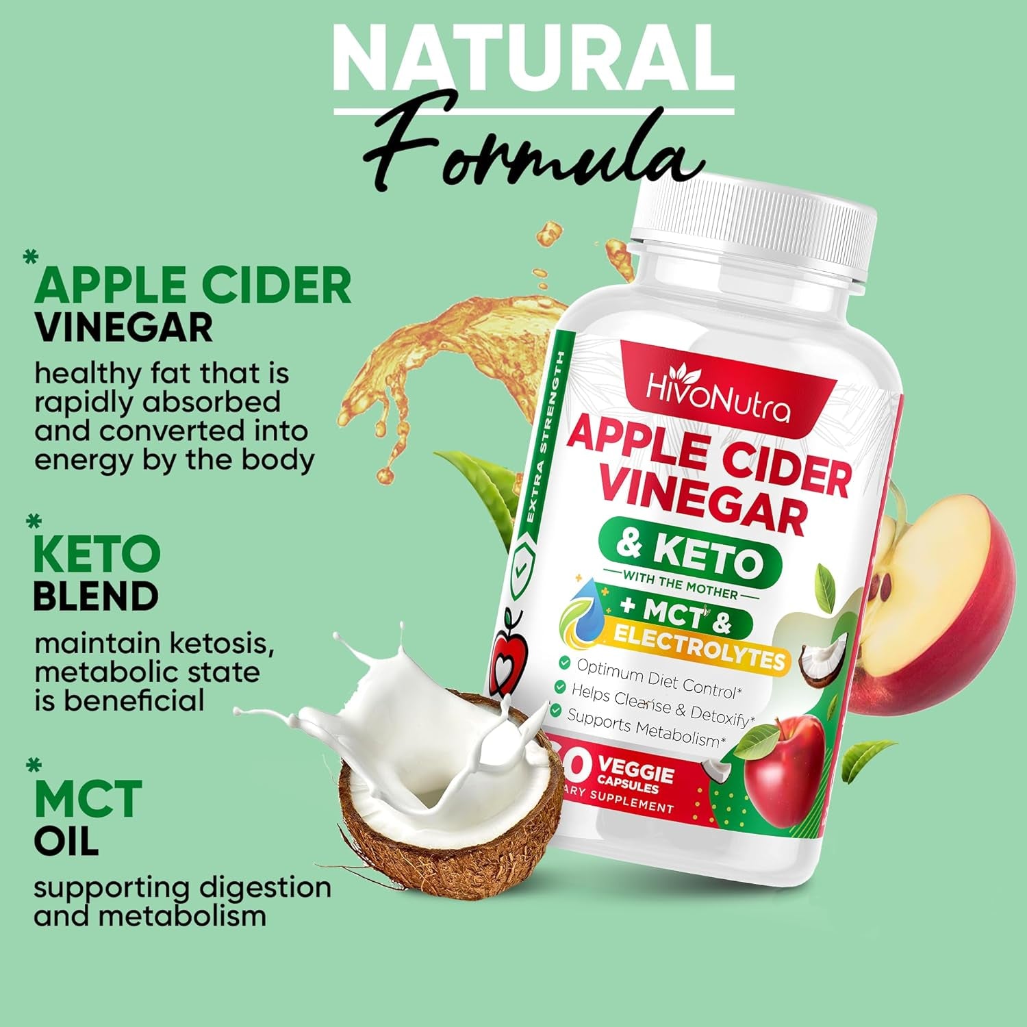 Hivonutra 4X Strength Apple Cider Vinegar Capsules + Keto & MCT Oil for Women & Men - Diet Supplement Helps Cleanse & Detox - Supports Healthy Diet - Vegan ACV Pills with Mother