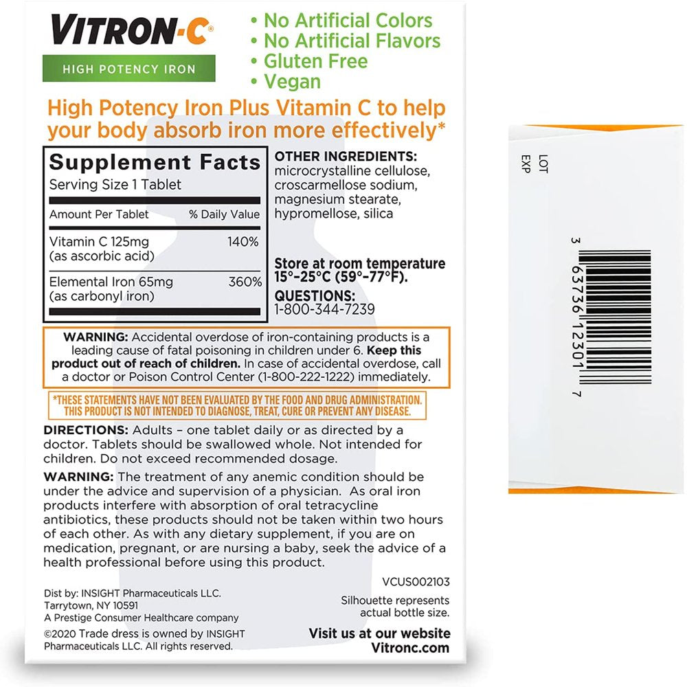 Vitron-C High Potency Iron Supplement with 125 Mg Vitamin C, Dye Free, Vegan, Gluten Free, 60 Count