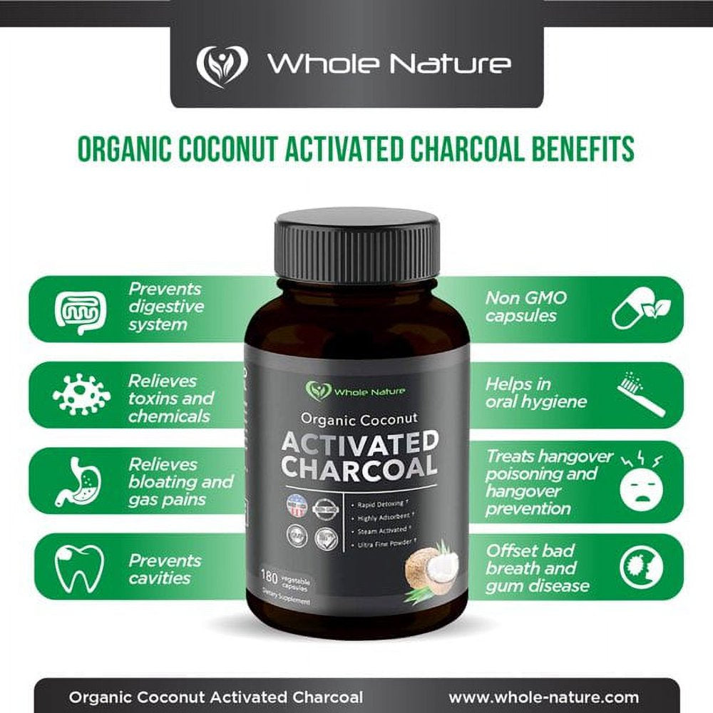 Whole Nature Pure Organic Coconut Activated Charcoal Supplements, 90 Servings / 180 Vegan Capsules (2PK)