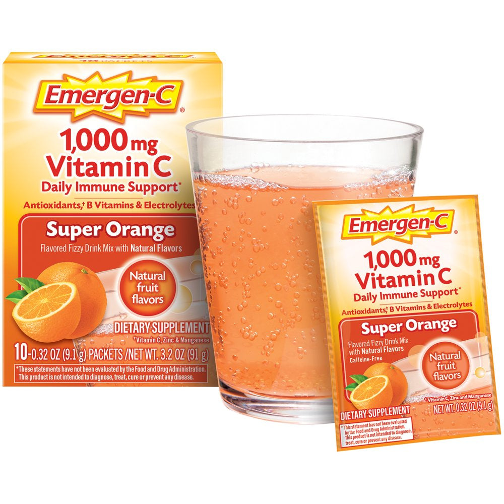 Emergen-C 1000Mg Vitamin C Powder, with Antioxidants, B Vitamins and Electrolytes for Immune Support, Caffeine Free Vitamin C Supplement Fizzy Drink Mix, Super Orange Flavor - 10 Count