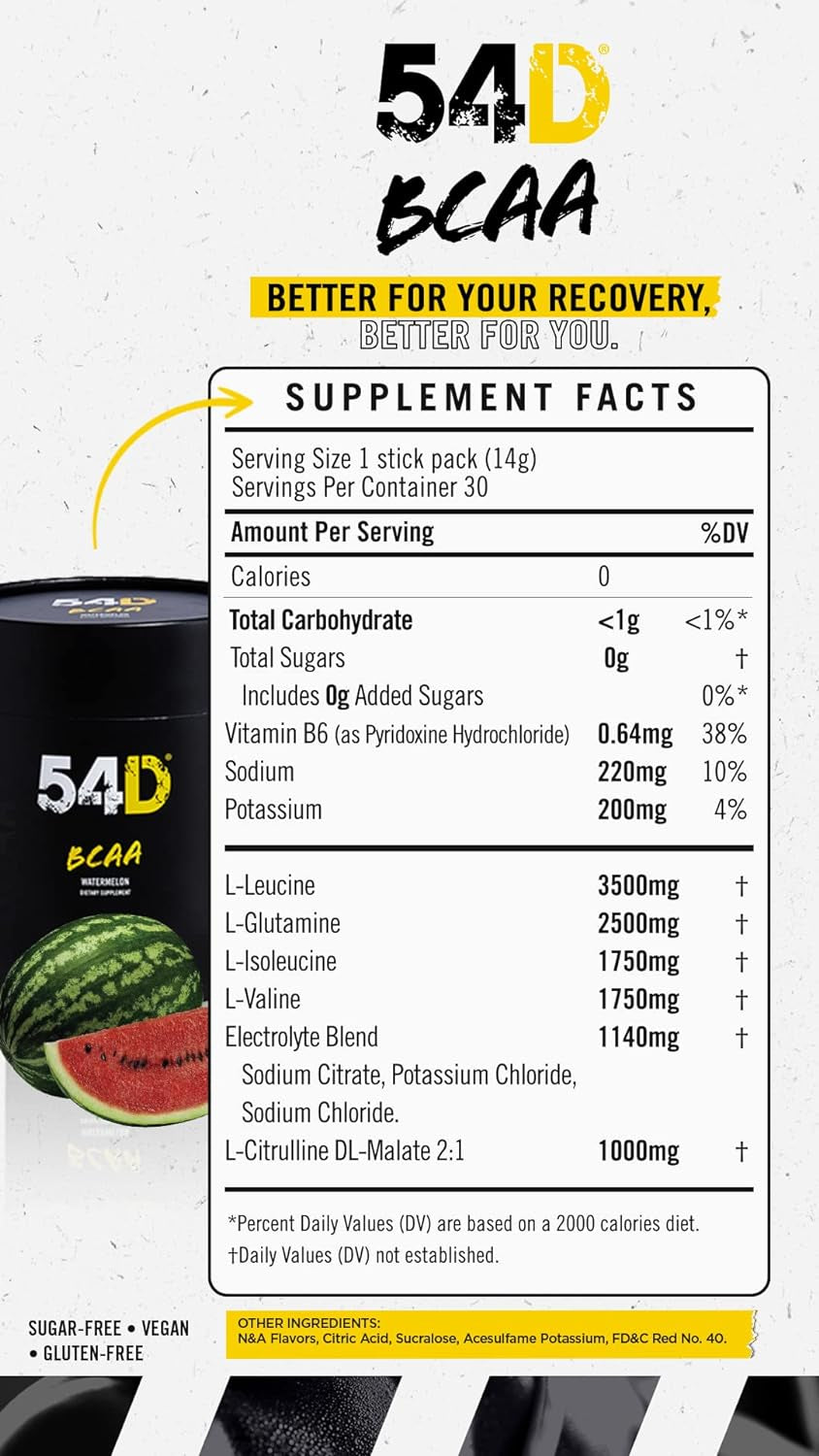 54D BCAA Powder Sports Drink for Hydration & Recovery, Optimizes Post-Workout Recovery, No Calories, Vegan, Gluten and Sugar Free, Glutamine 2.5 G, Watermelon, 30 Single Service Stick, 14.8 Oz