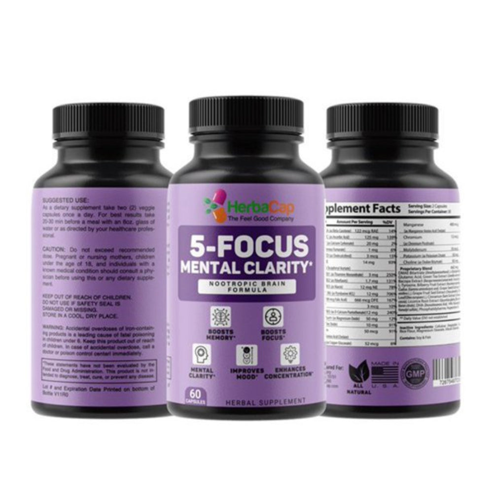 Herbacap 5-Focus Mental Clarity Supplement for All Ages of Men & Women, Multivitamin Supplement for Boost Memory (3 Pack)