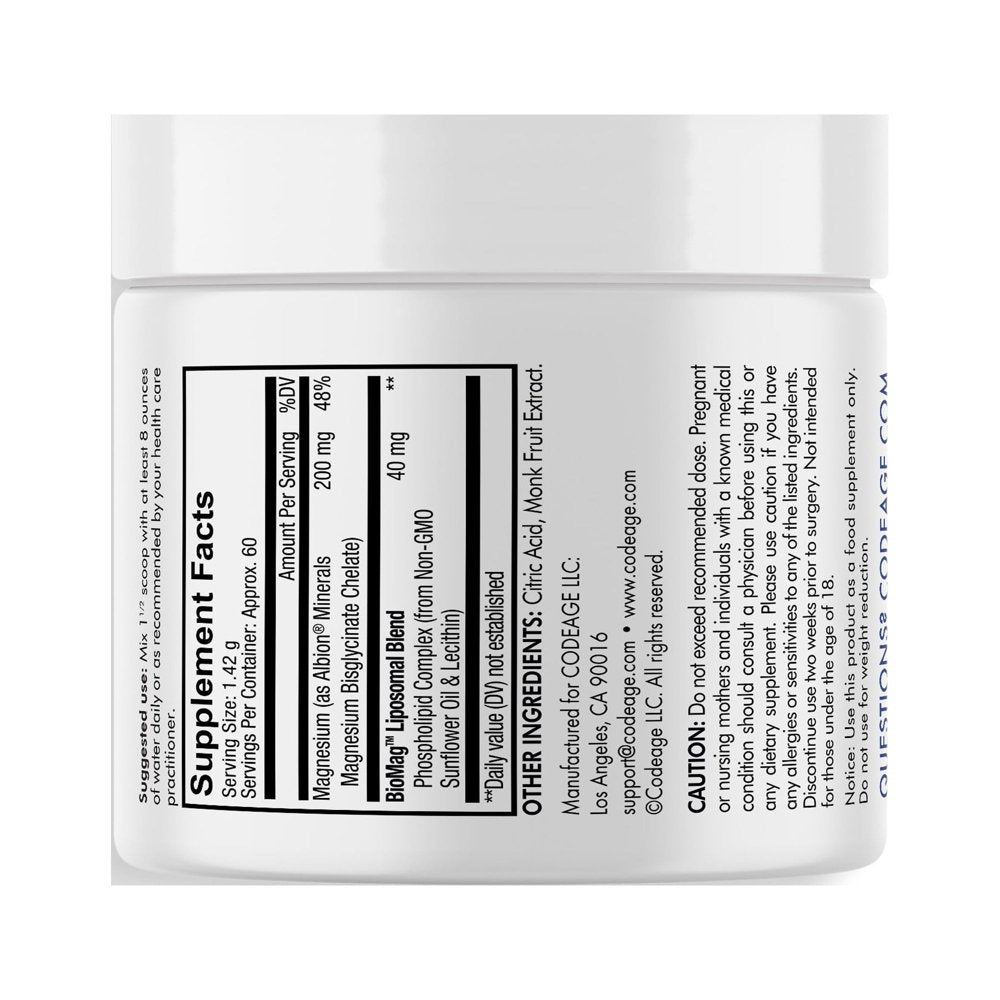 Codeage Magnesium Glycinate Powder, Unflavored Bisglycinate Magnesium Chelated Mineral Non-Gmo, 3 Oz