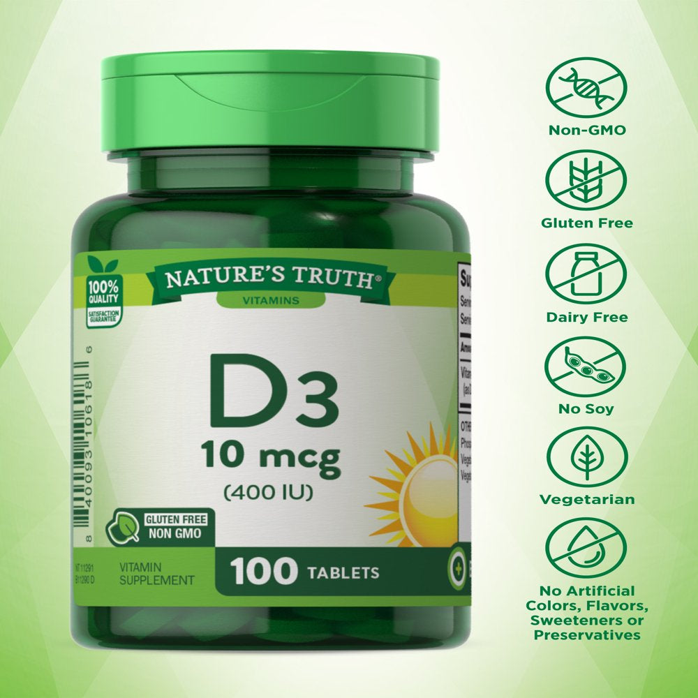 Vitamin D3 400 Iu (10 Mcg) | 100 Tablets | Vegetarian, Non-Gmo, Gluten Free | by Nature'S Truth