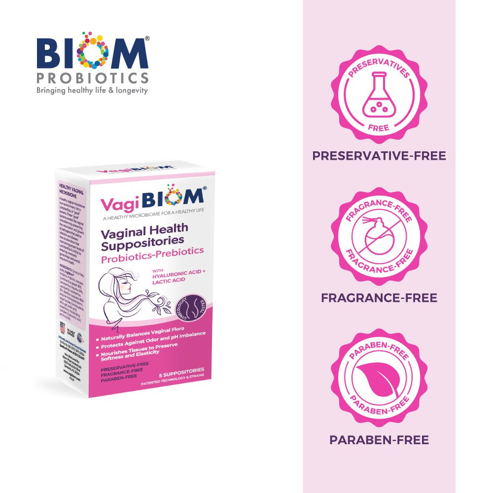 Vagibiom- Biom Probiotics Vaginal Probiotic Suppository for Women, Fragrance Free, 5 Count