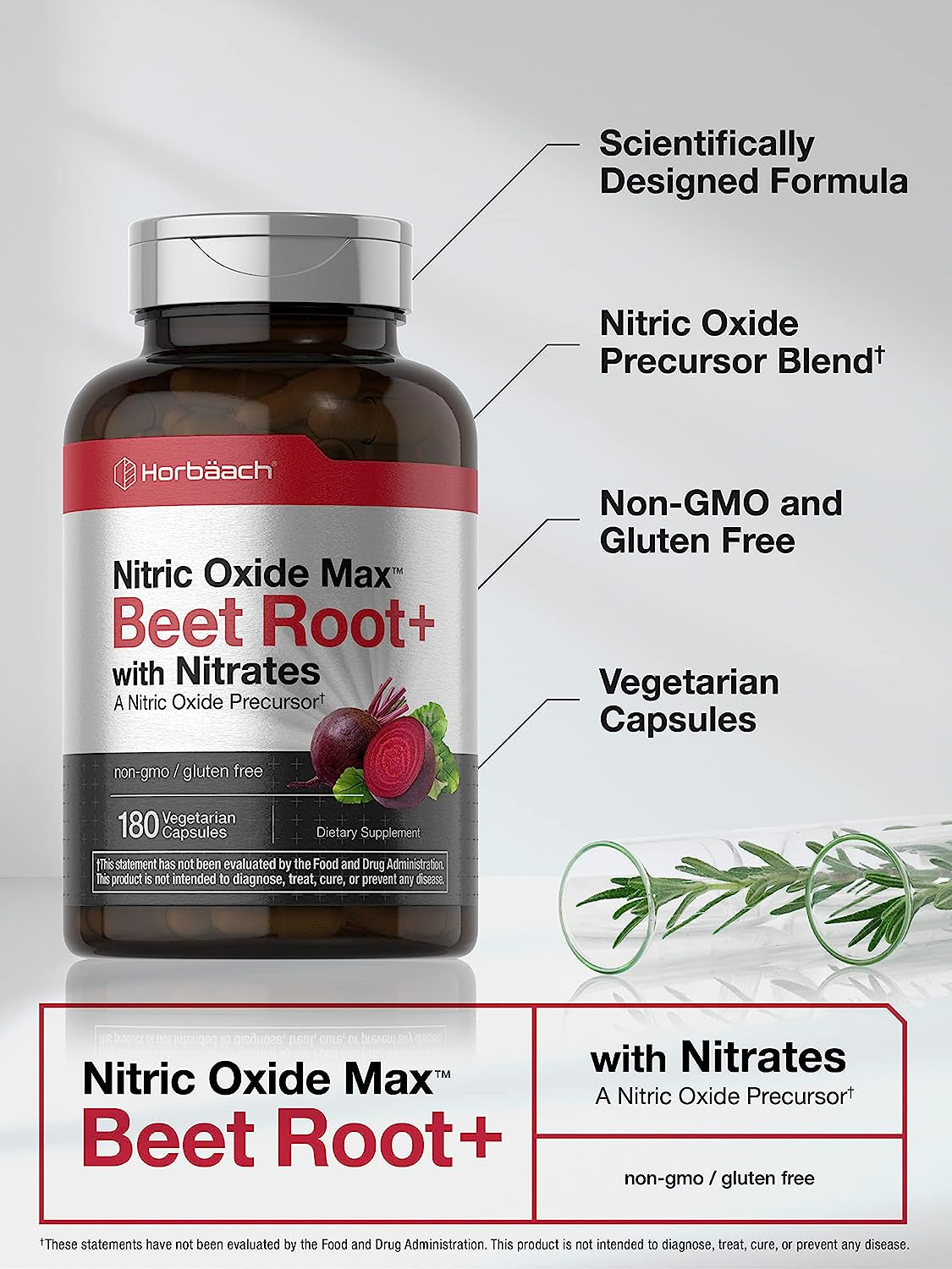 Nitric Oxide Beet Root Capsules | with Nitrates | 180 Count | Nitric Oxide Precursor | Vegetarian, Non-Gmo, Gluten Free Supplement | by Horbaach