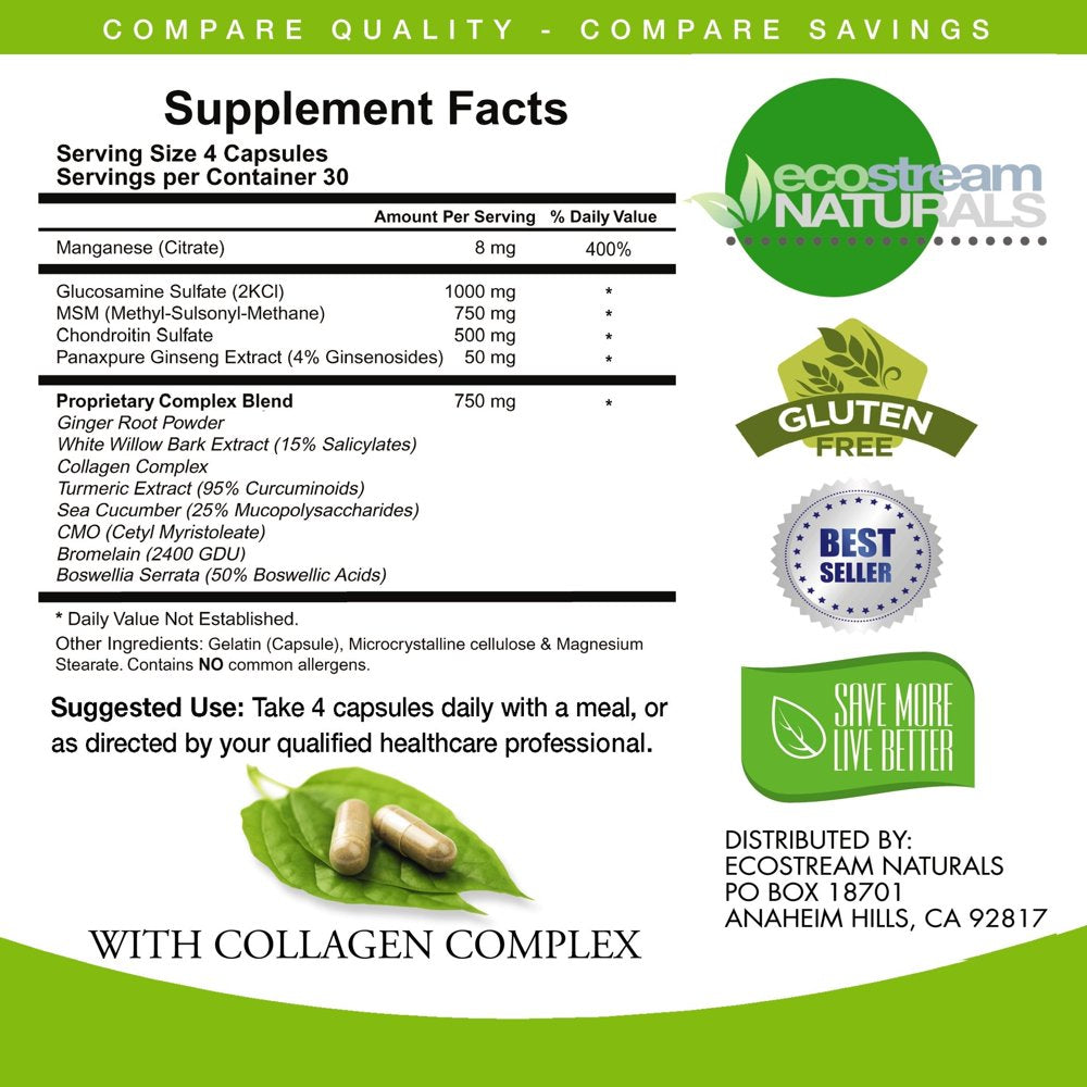 All Natural Glucosamine, Chondroitin, MSM, Turmeric, Boswellia and Collagen Complex by Ecostream Naturals, Joint Support - Gluten Free - (Packaging May Vary)