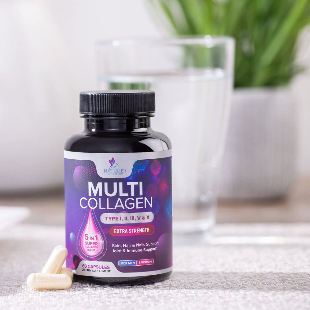 Multi Collagen Complex Pills - Type I, II, III, V, X, Grass Fed & Non-Gmo Hydrolyzed Collagen Peptides Supplement - Supports Hair, Nails, Skin & Joint Health, Gluten-Free, Paleo & Keto - 60 Capsules