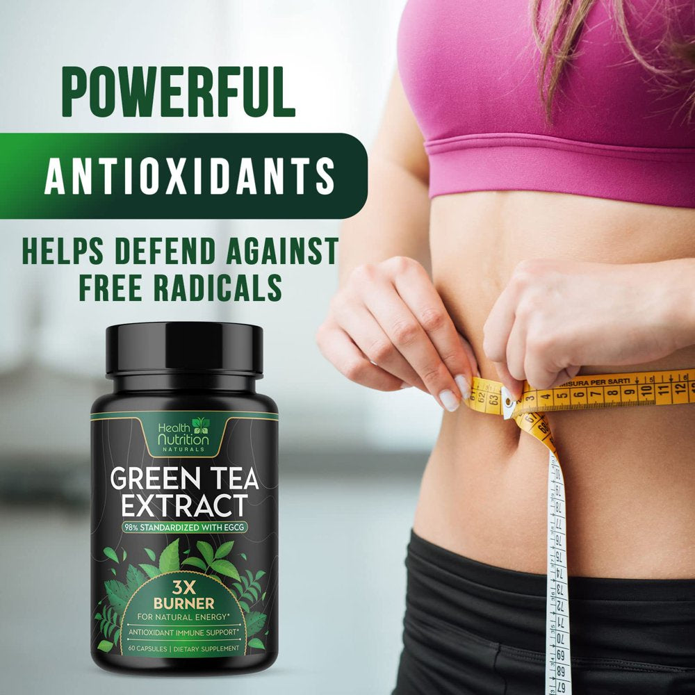 Green Tea Pills Extract - 98% Standardized EGCG 1300Mg for Natural Energy - Supports Heart Health with Antioxidants, Polyphenols, Coffee Bean Gentle Caffeine - for Women & Men - 60 Capsules