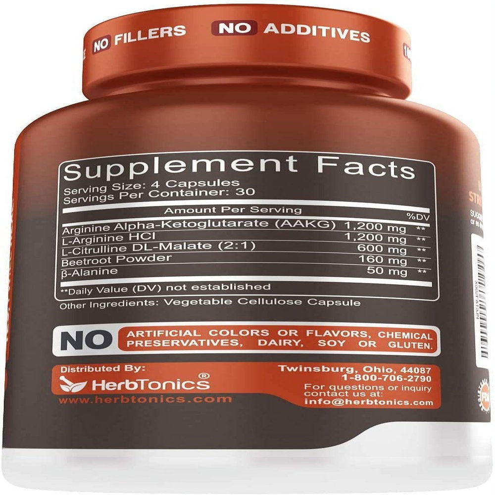 High Strength Nitric Oxide Booster with L Arginine, L-Citrulline, Malate, AAKG - Powerful NO for Muscle Growth, Strength, Vascularity, Energy & Blood Flow