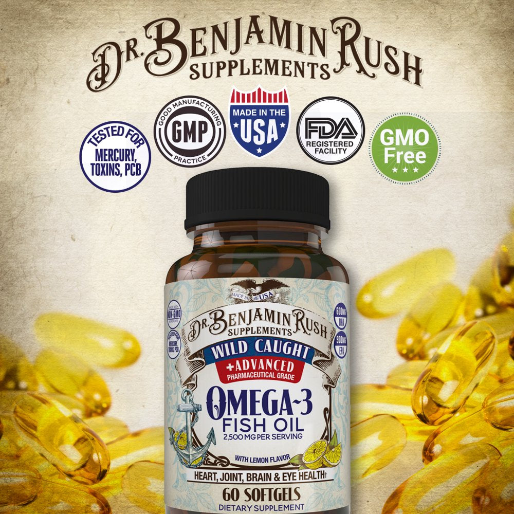 Wild Caught Fish Oil Omega 3 Premium Balanced Ratio DHA EPA Supplements Triple Strength 2500Mg with Lemon, Burpless Pills, Quality USA Made, Highest Purity Mercury Free, Best Size Non-Gmo Omega3