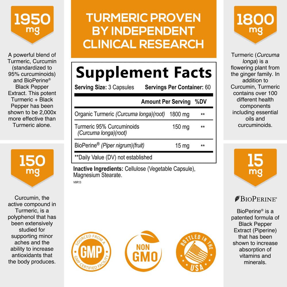 Turmeric Curcumin with Bioperine 1950Mg, 95% Standardized Curcuminoids - Black Pepper for Max Absorption, Herbal Joint Support, Nature'S Tumeric Extract Supplement Non-Gmo - 180 Capsules