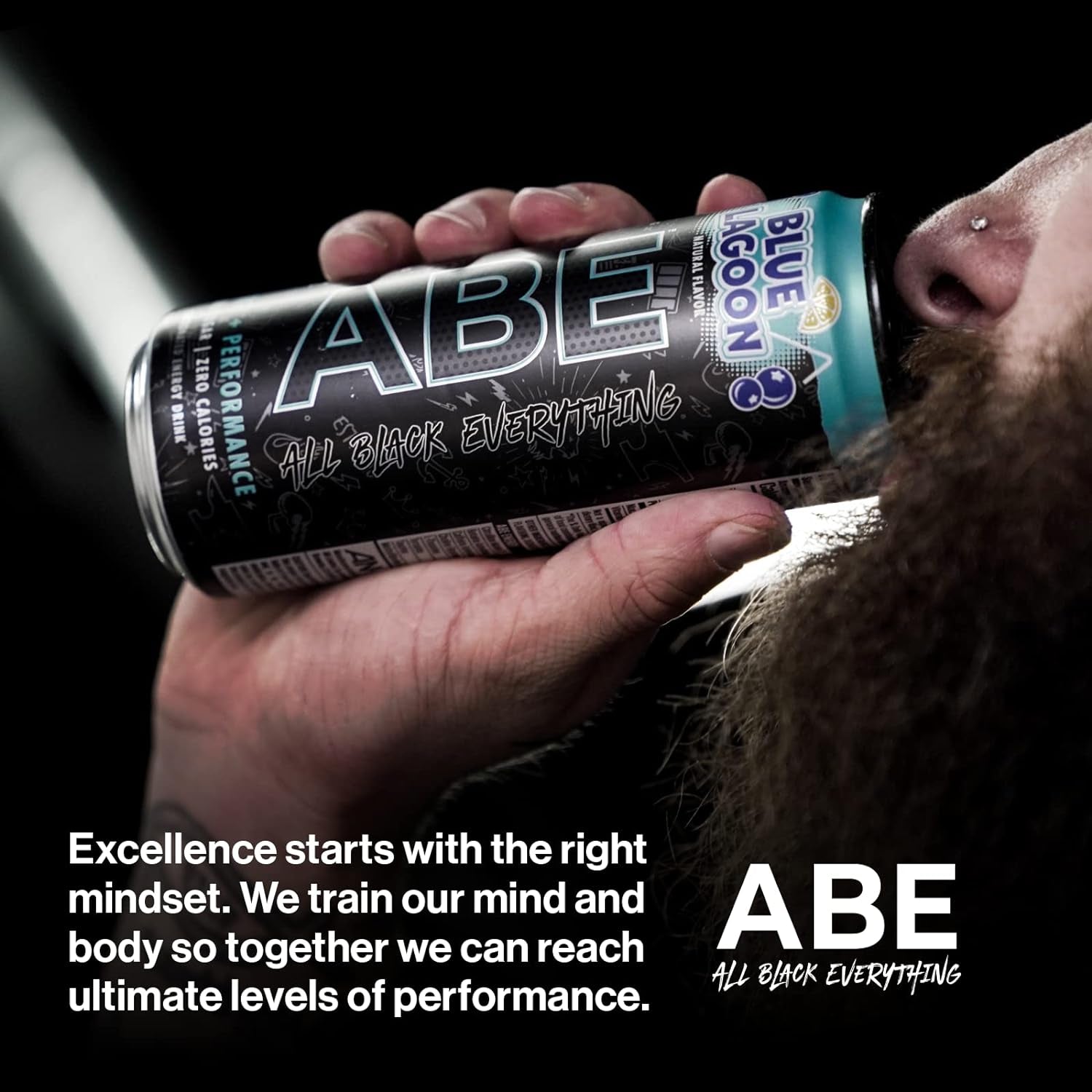 ABE Energy + Performance Sugar Free Energy Drink - All Black Everything Drink with Caffeine, Vitacholine, Dynamine, Citrulline Malate (11Oz Can - Pack of 12) (Blue Lagoon)