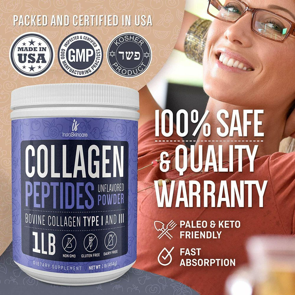 Collagen Peptides Powder Hydrolyzed Protein Types 1&3 Anti-Aging Supplement 1 LB