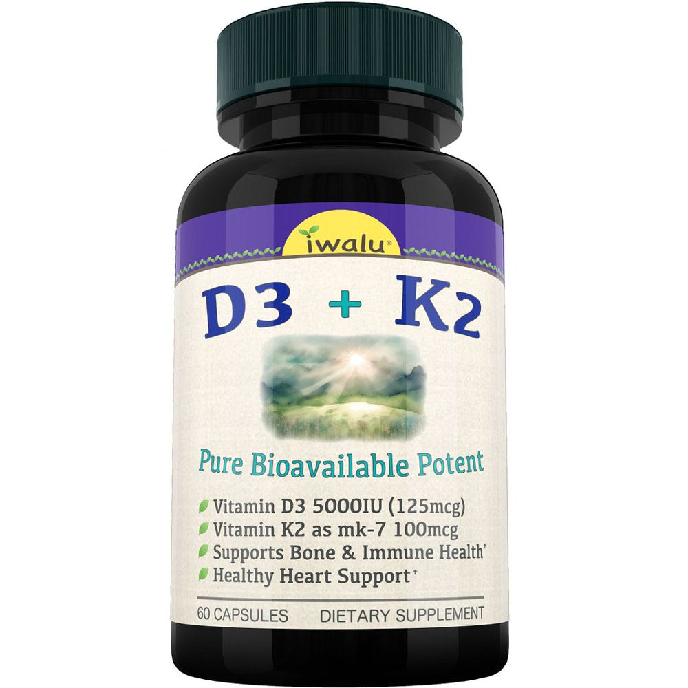 Vitamin D3 K2 MK7 Supplement - Promotes Heart, Bone & Teeth Health, Non-Gmo Formula, Vit D3 5000 IU & 100 Mcg Vitamin K2 MK-7 Easy Swallow Vitaminas D & K Complex for Women & Men IWALU 60 Capsules